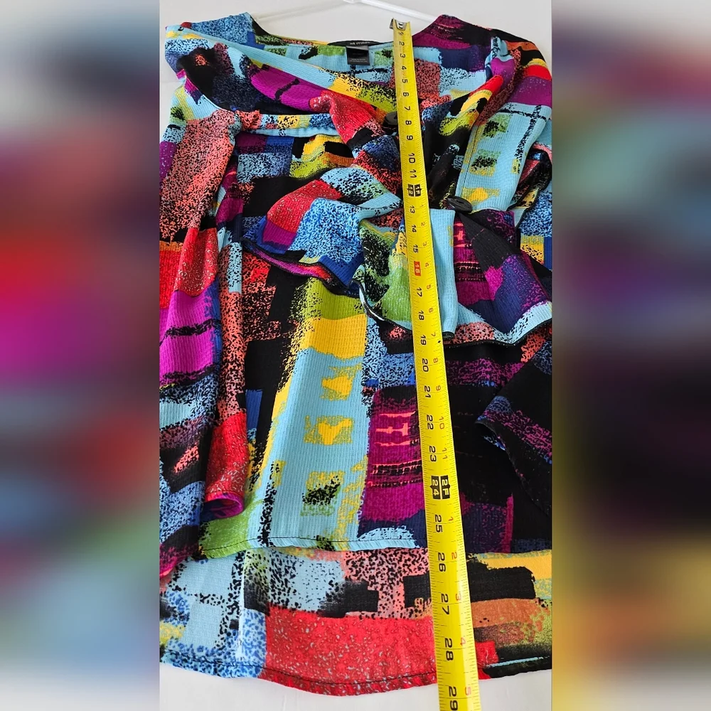 Ali Miles Small Tunic Top multi color bell sleeves pleated designer - Picture 9 of 10